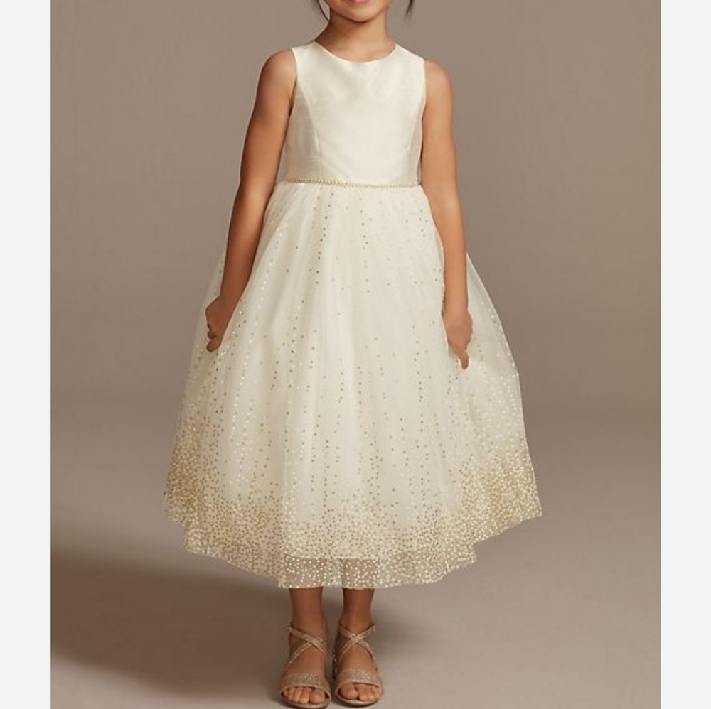 David's  Bridal tulle tea length gown ivory with gold metallic shimmer  …